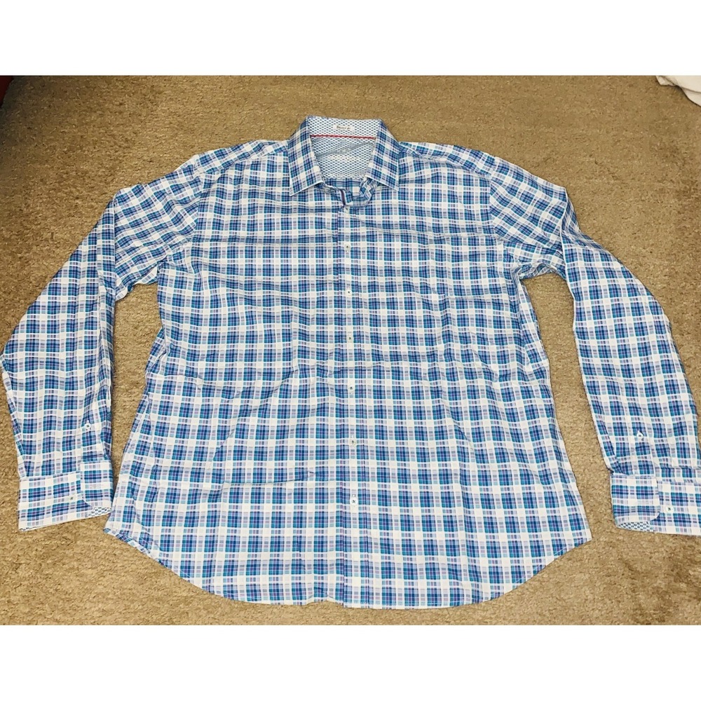 Bugatchi Shaped Fit Mens 2XL Shirt Blue White Plaid Long Sleeve Button Up Cotton